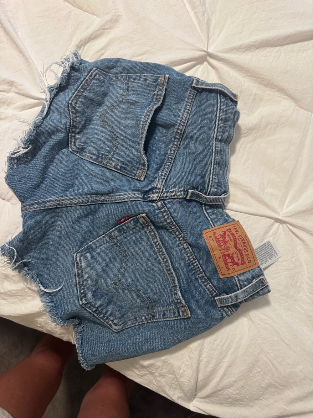 Levi's Medium Blue Distressed High-Rise Denim Shorts - Picture 2 of 2